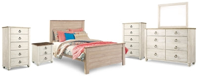 Cama doble completa Willowton, cómoda, espejo, 2 baúles y mesita de noche