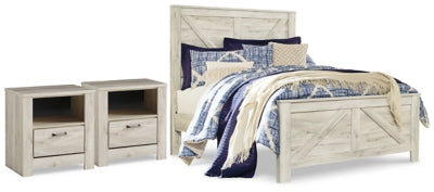 Cama con paneles Bellaby Queen Crossbuck y 2 mesitas de noche