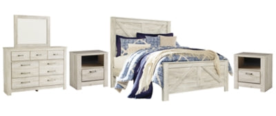 Cama de paneles Queen Crossbuck, cómoda, espejo y 2 mesitas de noche Bellaby