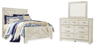 Cama con paneles Bellaby Queen Crossbuck, tocador y espejo