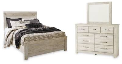 Cama Bellaby Queen con panel, cómoda y espejo