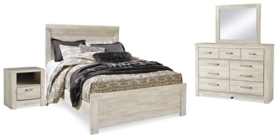 Cama Bellaby Queen con panel, cómoda, espejo y mesita de noche