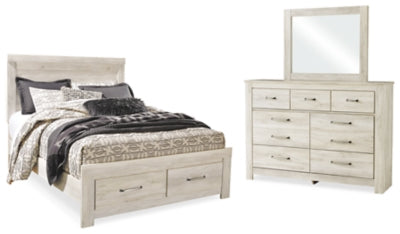 Cama Bellaby Queen con panel de almacenamiento, cómoda y espejo
