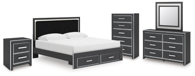 Cama King Birmonton con almacenaje, cómoda, espejo, chiffonier y mesita de noche