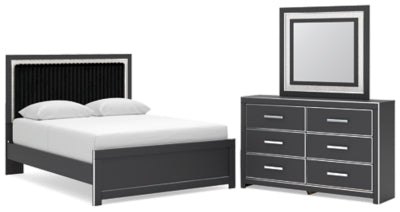Cama con plataforma y panel tapizado Queen Birmonton, tocador y espejo