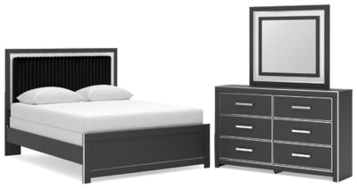 Cama de panel tapizada Queen, cómoda y espejo Birmonton