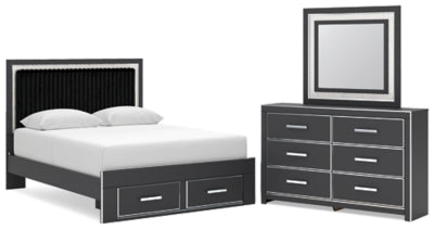 Cama con plataforma y almacenaje tapizada Birmonton Queen, tocador y espejo