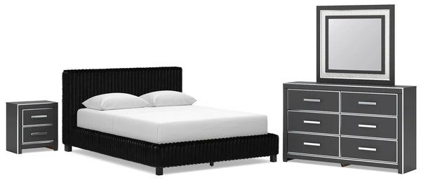 Cama tapizada Queen, cómoda, espejo y mesita de noche Birmonton