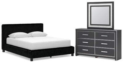 Cama tapizada tamaño Queen Birmonton, tocador y espejo