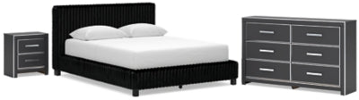 Birmonton Queen Upholstered Bed, Dresser and Nightstand