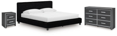 Cama, cómoda y mesita de noche tapizadas Birmonton King