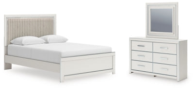 Cama con plataforma y panel tapizado Queen Birmonton, tocador y espejo