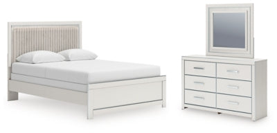 Cama de panel tapizada Queen, cómoda y espejo Birmonton