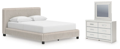 Cama tapizada tamaño Queen Birmonton, tocador y espejo