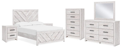 Cama con panel completo Cayboni, cómoda, espejo, chiffonier y 2 mesitas de noche