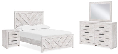 Cama de panel completo, cómoda, espejo y mesita de noche Cayboni