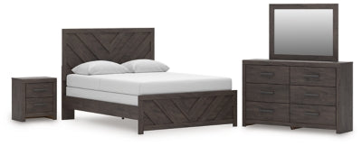 Cama Queen, cómoda, espejo y mesita de noche Prendonea