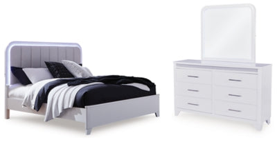 Frostlyn Queen Upholstered Panel Bed, Dresser and Mirror