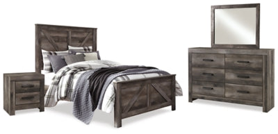 Cama de paneles Queen Crossbuck, cómoda, espejo y mesita de noche Wynnlow