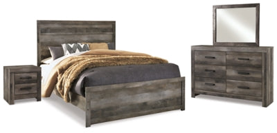 Cama Queen con panel, cómoda, espejo y mesita de noche Wynnlow