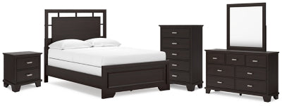 Cama de panel completo, cómoda, espejo, baúl y mesita de noche Covetown