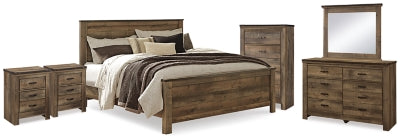 Cama de panel king Trinell. Cómoda, espejo, sinfonier y 2 mesitas de noche