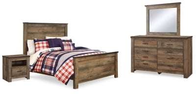 Cama con paneles, cómoda, espejo y mesita de noche Trinell