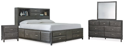 Cama con almacenaje King de California Caitbrook, cómoda, espejo y mesita de noche