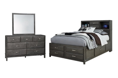 Cama Caitbrook con almacenamiento completo y cómoda con espejo