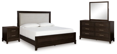 Cama con panel tapizado Queen, tocador, espejo y mesita de noche Neymorton