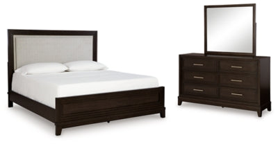 Neymorton Queen Upholstered Panel Bed, Dresser and Mirror