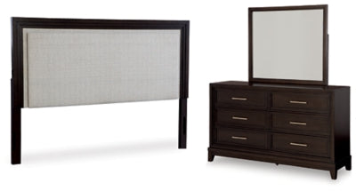 Neymorton Queen Upholstered Panel Headboard, Dresser and Mirror