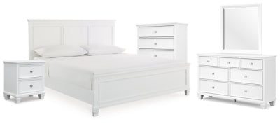 Cama de paneles, cómoda, espejo, chiffonier y mesita de noche Fortman King