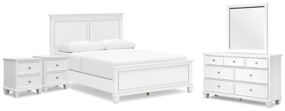 Cama Fortman Queen con paneles, cómoda, espejo y 2 mesitas de noche