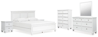 Cama de paneles Fortman King, tocador, espejo, cómoda y 2 mesitas de noche
