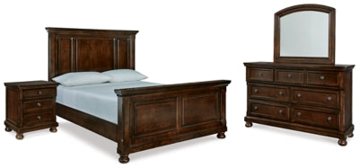 Cama tamaño Queen, tocador, espejo y mesita de noche Porter