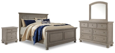 Cama King Panel Lettner con Cómoda, Espejo y Mesita de Noche