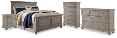Cama con paneles tamaño California King Lettner, tocador, cómoda y 2 mesitas de noche