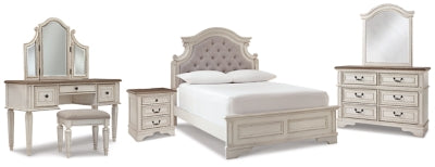 Cama con panel completo, cómoda, espejo, tocador de 3 piezas y mesita de noche Realyn