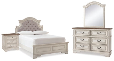 Cama de panel completo, cómoda, espejo y mesita de noche Realyn