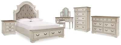 Cama de panel tapizado Realyn Queen, cómoda, sinfonier, mesita de noche y tocador