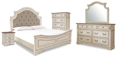 Cama King Panel Realyn, Cómoda, Espejo, Chifonier y Mesita de Noche