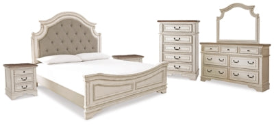 Cama con paneles tapizados tamaño King, cómoda, espejo, chiffonier y 2 mesitas de noche Realyn
