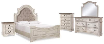 Cama de panel tapizado Queen Realyn, cómoda, espejo, chiffonier y mesita de noche