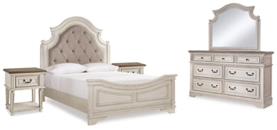 Cama de panel tapizada Queen, cómoda, espejo y 2 mesitas de noche Realyn
