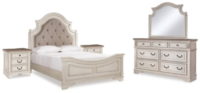 Cama de panel tapizada Queen, cómoda, espejo y 2 mesitas de noche Realyn