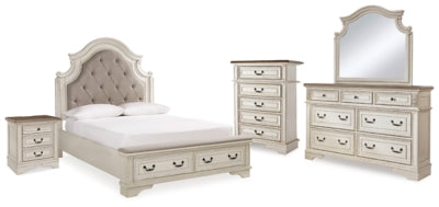Cama con paneles tamaño queen Realyn, tocador, espejo, cómoda y mesita de noche