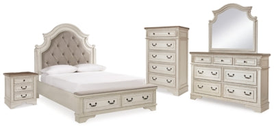 Realyn Queen Upholstered Bed, Dresser, Mirror, Chest and Nightstand