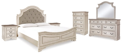 Cama King Realyn con cabecero, cómoda, espejo, cajonera y 2 mesitas de noche