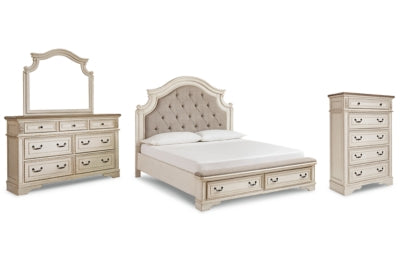 Realyn California King Upholstered Bed, Dresser, Mirror and Chest